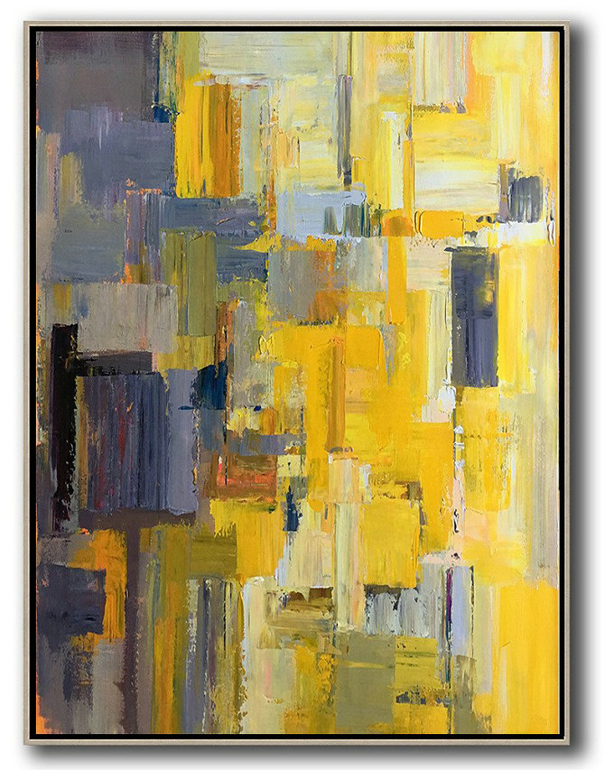Handmade Large Contemporary Art,Vertical Palette Knife Contemporary Art,Large Canvas Art,Modern Art Abstract Painting,Yellow,Purple,Beige,Brown,Taupe.Etc